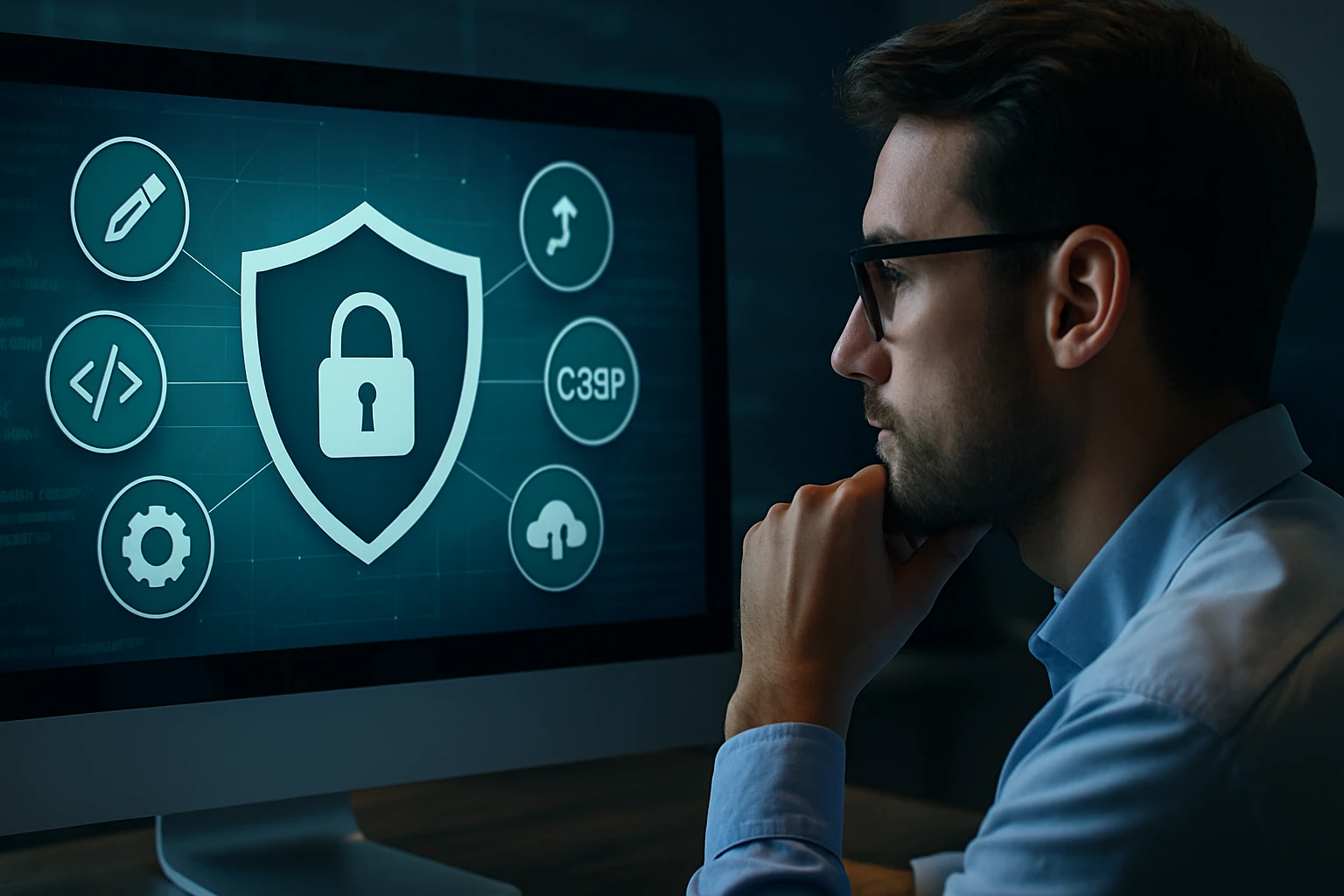 A man in a blue shirt thoughtfully examines a computer screen displaying cybersecurity icons.