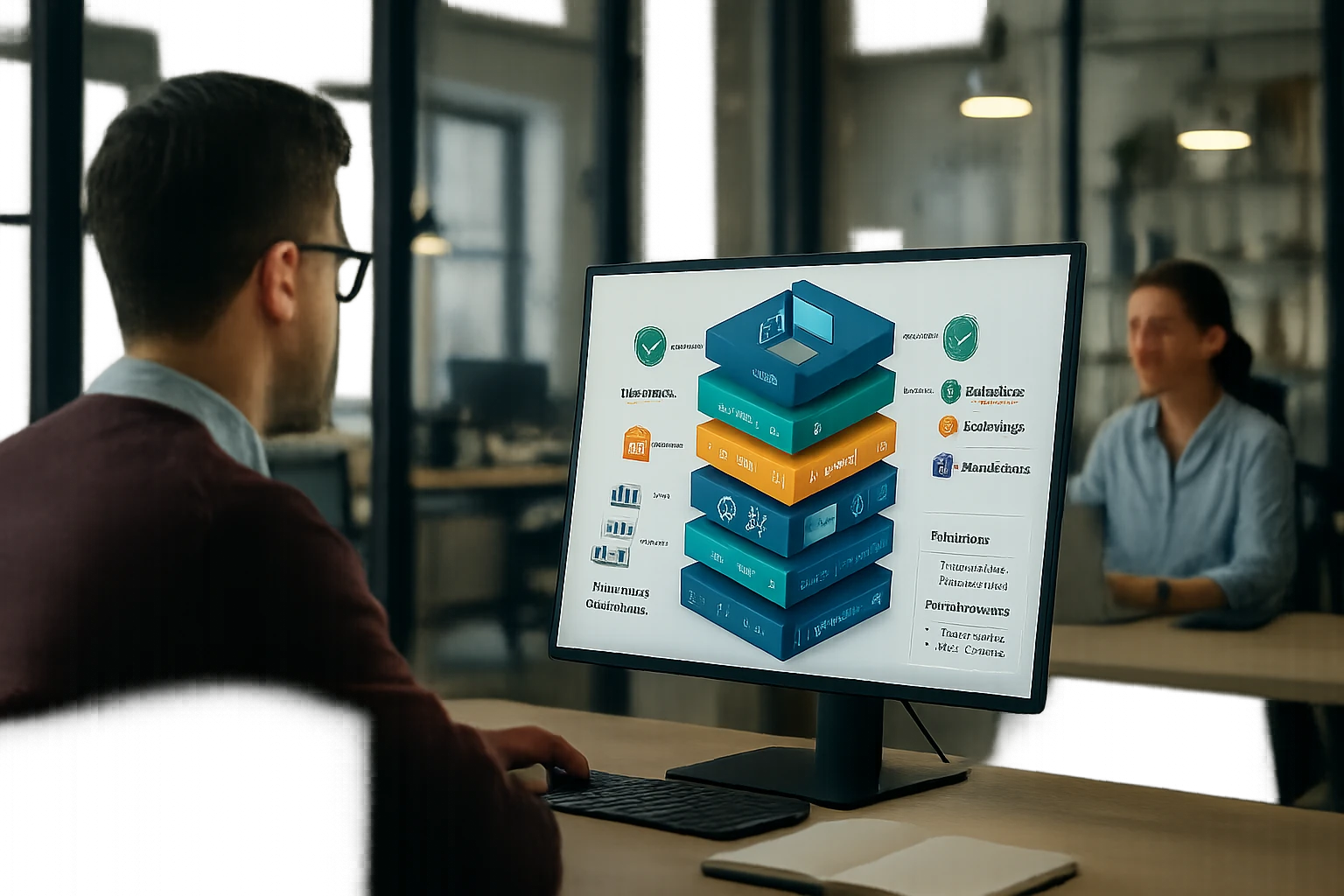 A person analyzing a digital infographic on a computer screen in an office setting.