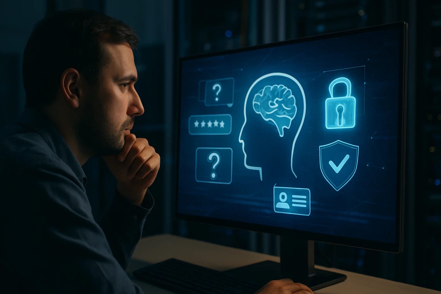 A man thoughtfully analyzes digital security icons on a computer screen.