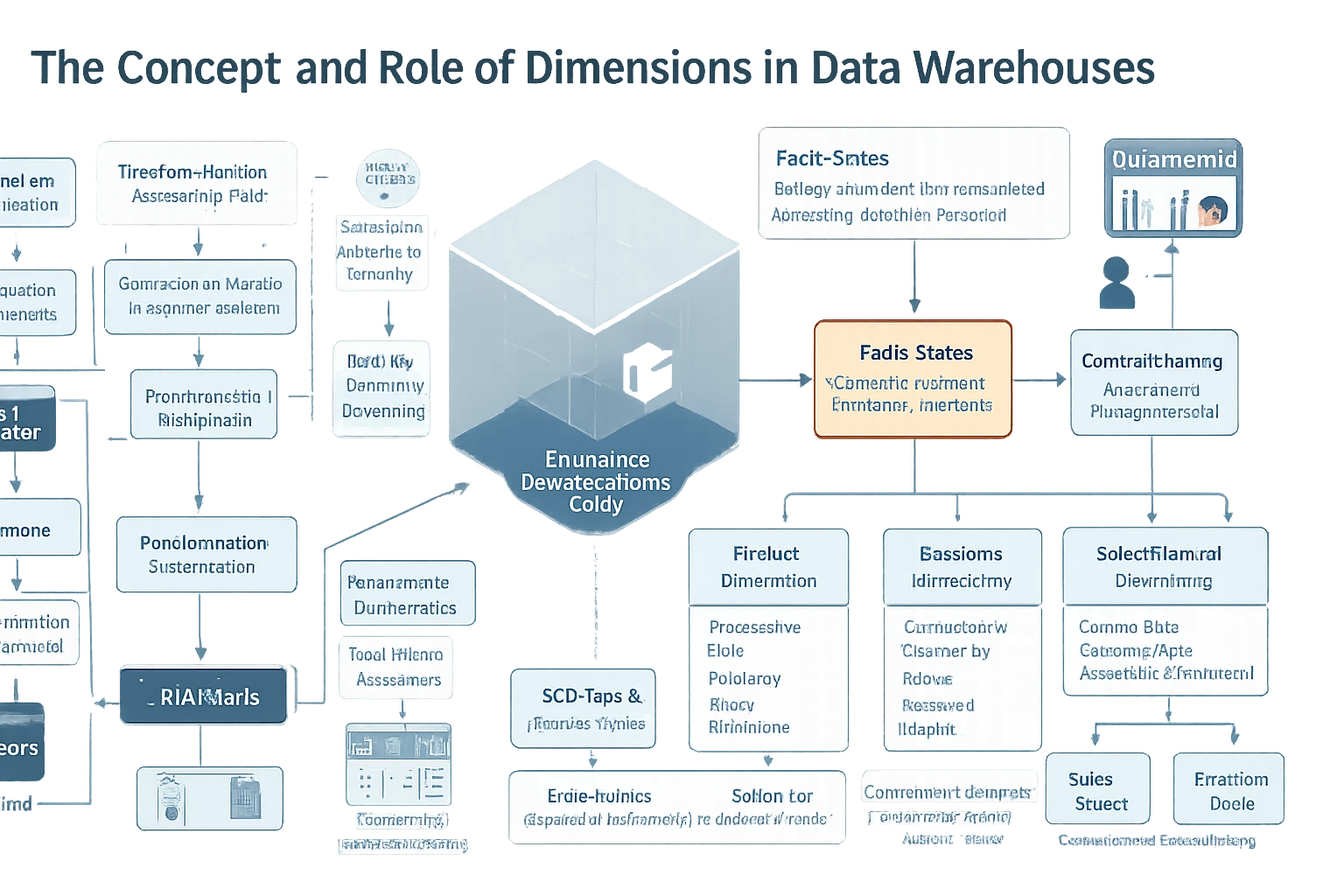 A flowchart illustrating the concept of dimensions in data warehouses, featuring various interconnected elements.