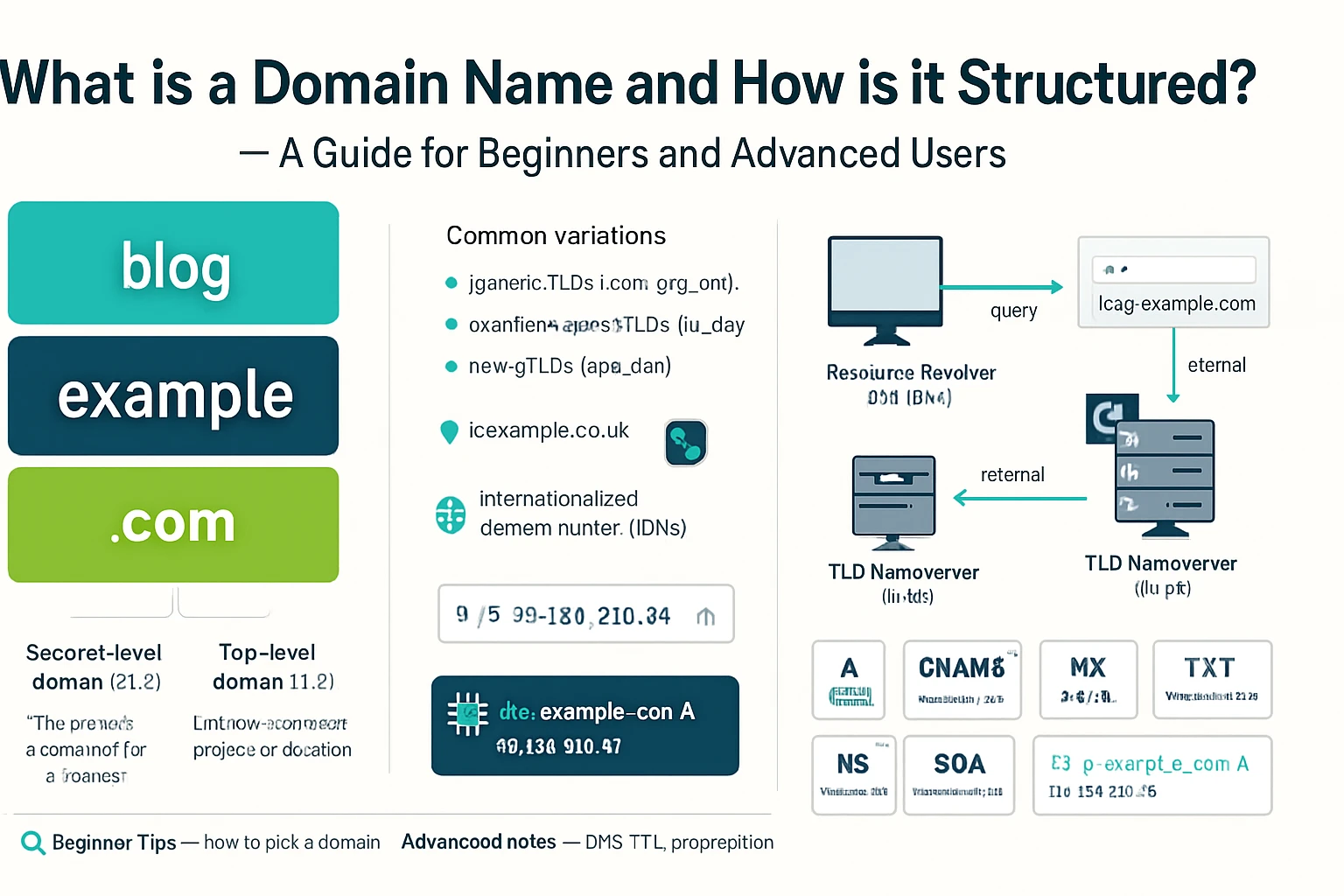 A visual representation explaining domain names and their structure, featuring examples and diagrams.