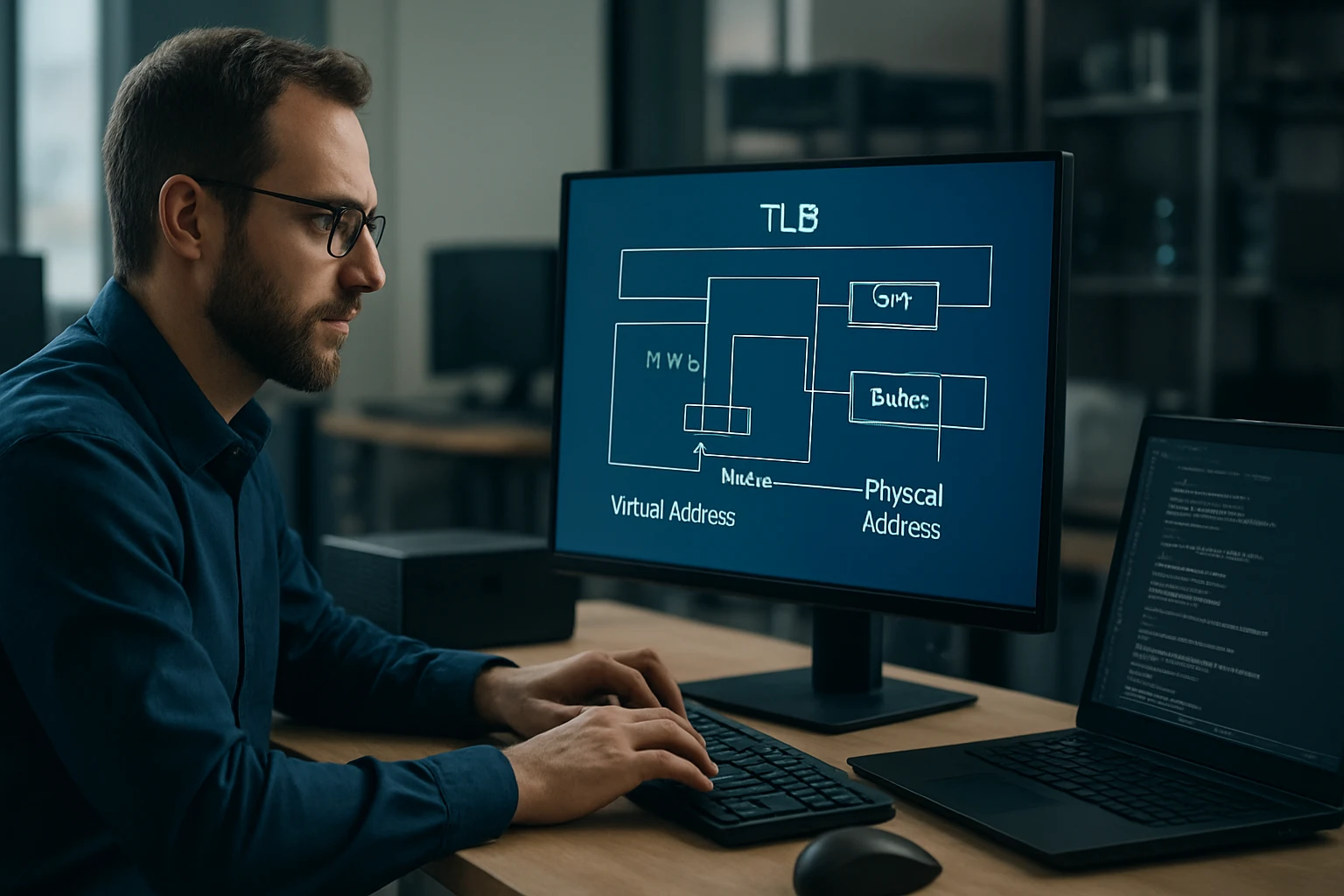 A man studies a diagram of memory addressing on a computer screen.