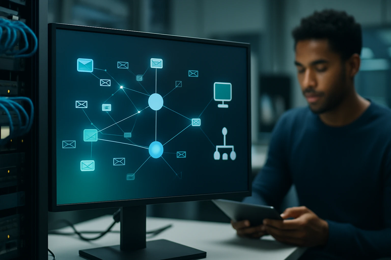 A man interacts with a tablet while a network diagram displays on a monitor.