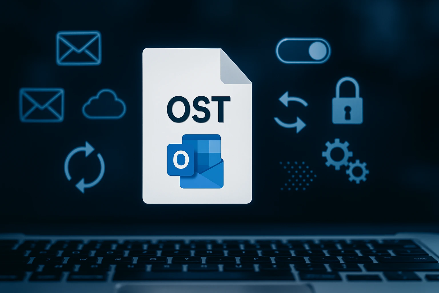 A laptop keyboard with an OST file icon and various tech symbols in the background.