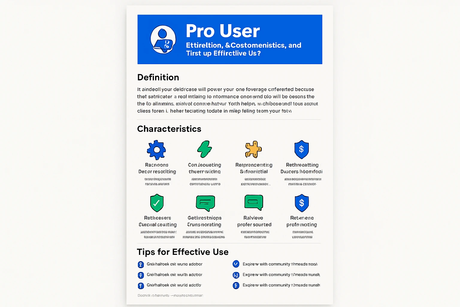 An infographic detailing characteristics and tips for effective use of a pro user system in tech.