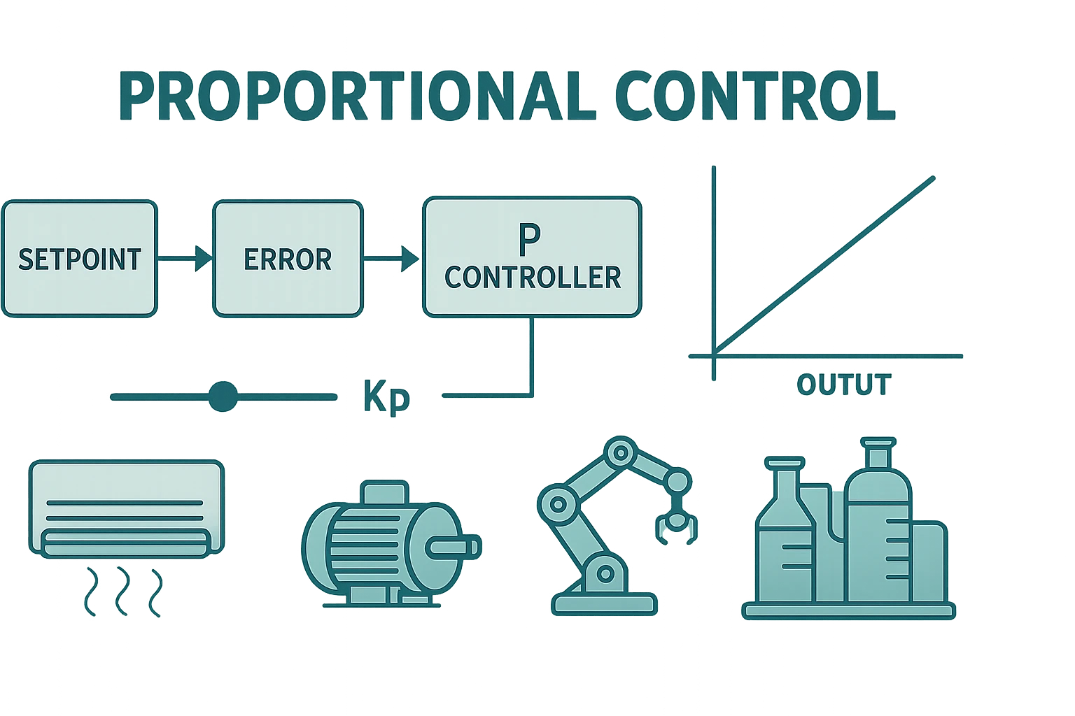 A diagram illustrating proportional control with setpoint, error, and output components.