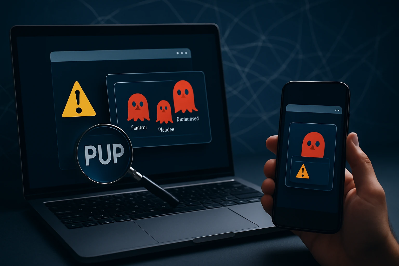 A laptop and smartphone display warning messages about potentially unwanted programs (PUPs) with red ghost icons.