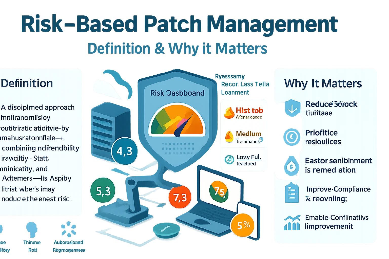 An infographic illustrating risk-based patch management with a dashboard and statistics.