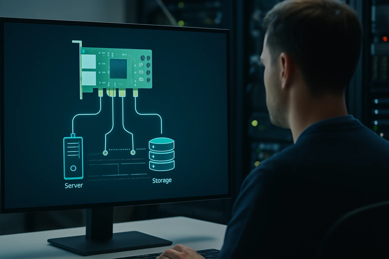 A person analyzing a server and storage connection diagram on a monitor.
