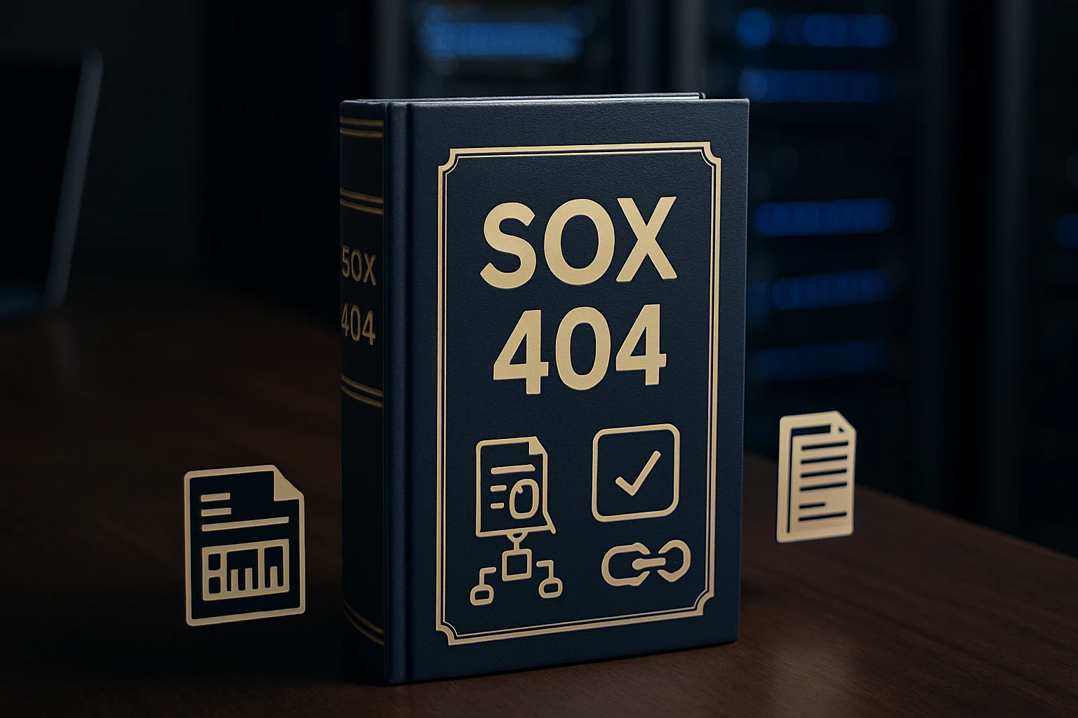 A dark blue book titled 'SOX 404' with icons representing documents and links.