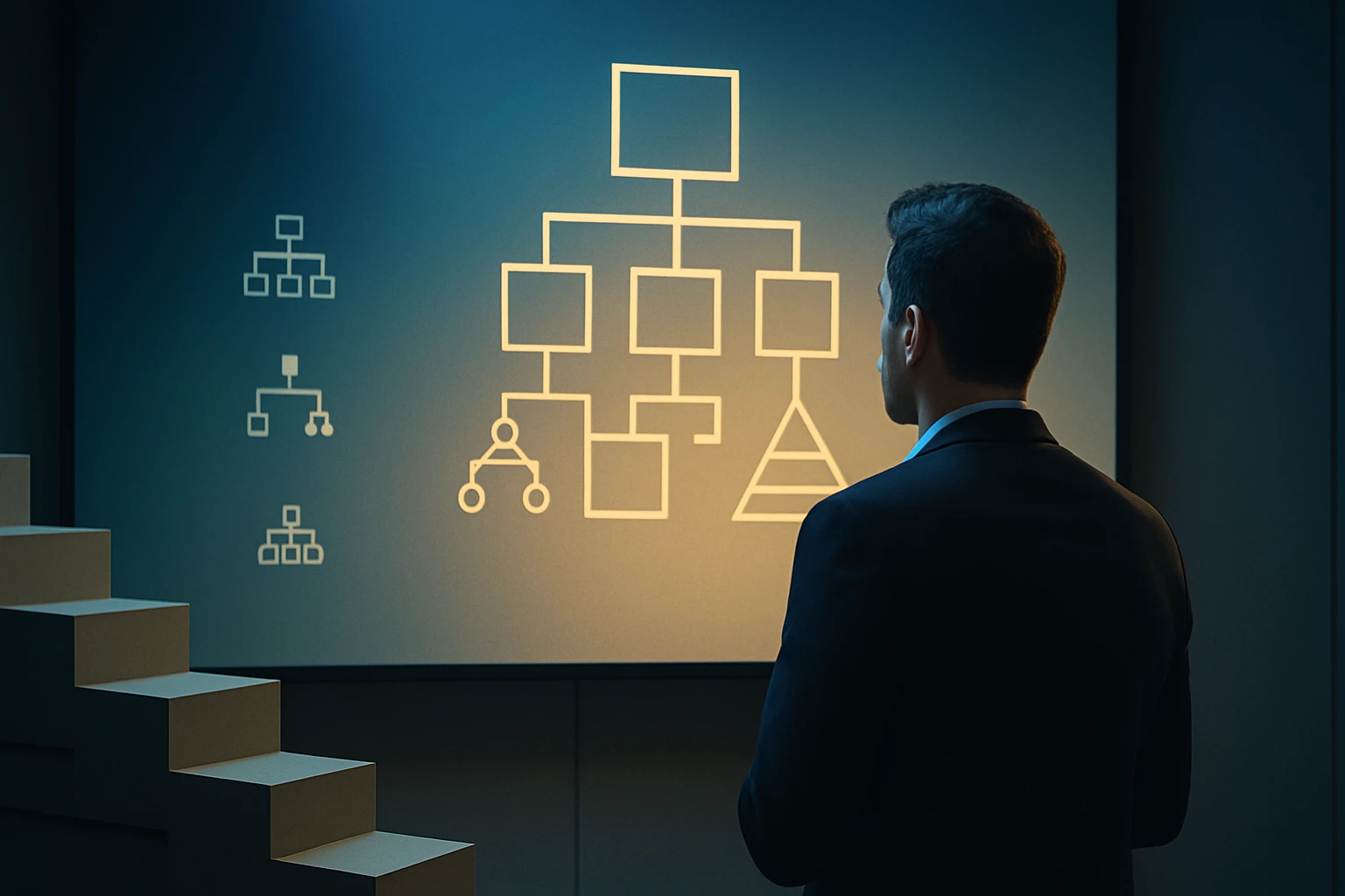 A man in a suit observes flowcharts and diagrams on a wall.