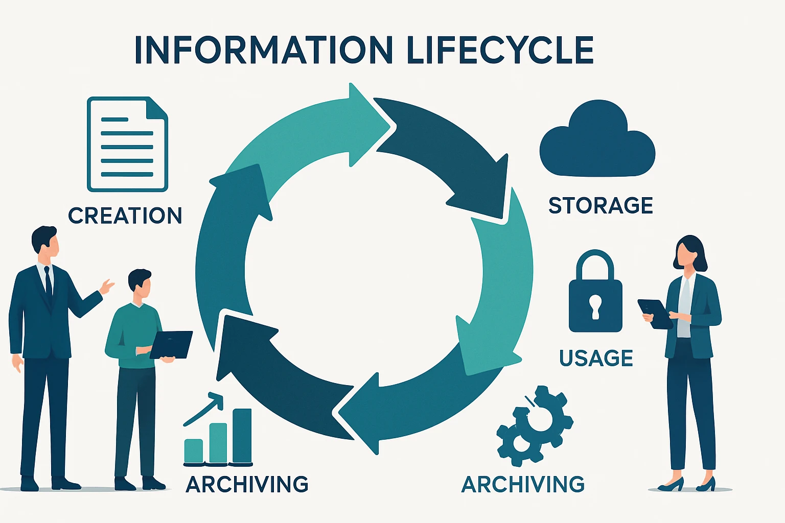 A visual representation of the information lifecycle with stages like creation, storage, and archiving.