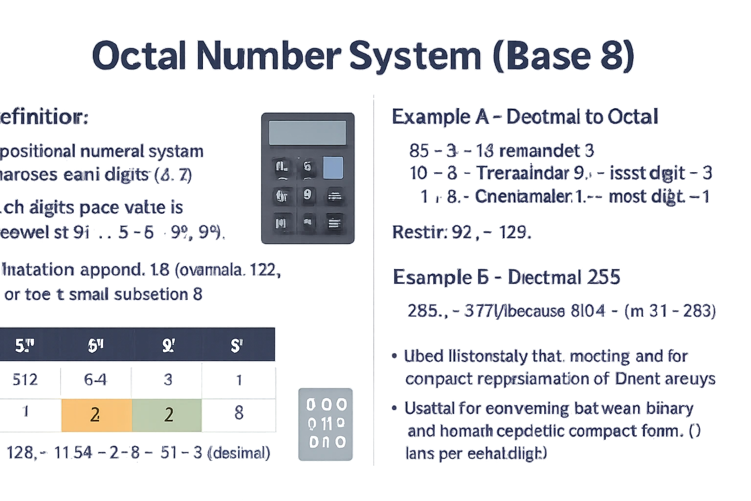 A visual representation of the octal number system with examples and a calculator.