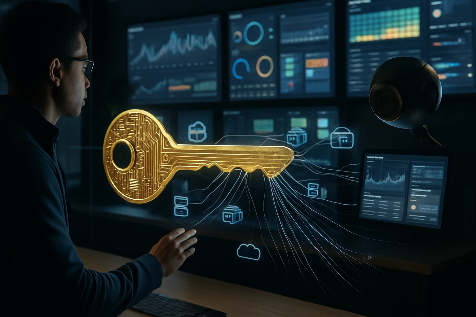 A person interacting with a digital key symbolizing cybersecurity and data protection.
