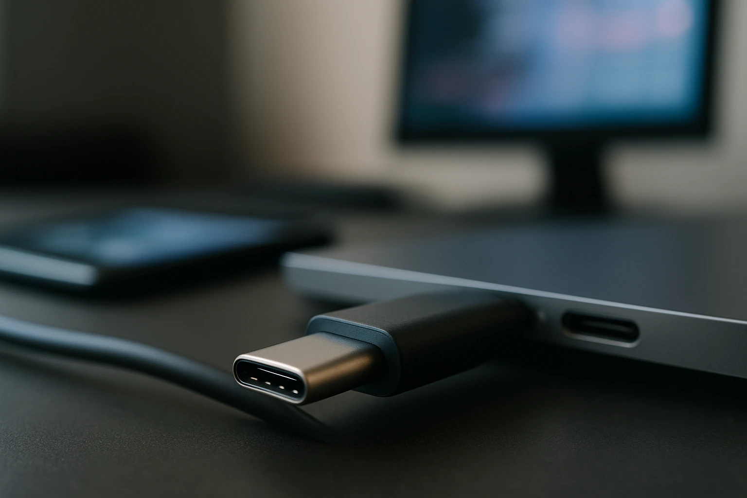 A close-up of a USB-C cable connected to a laptop on a desk.