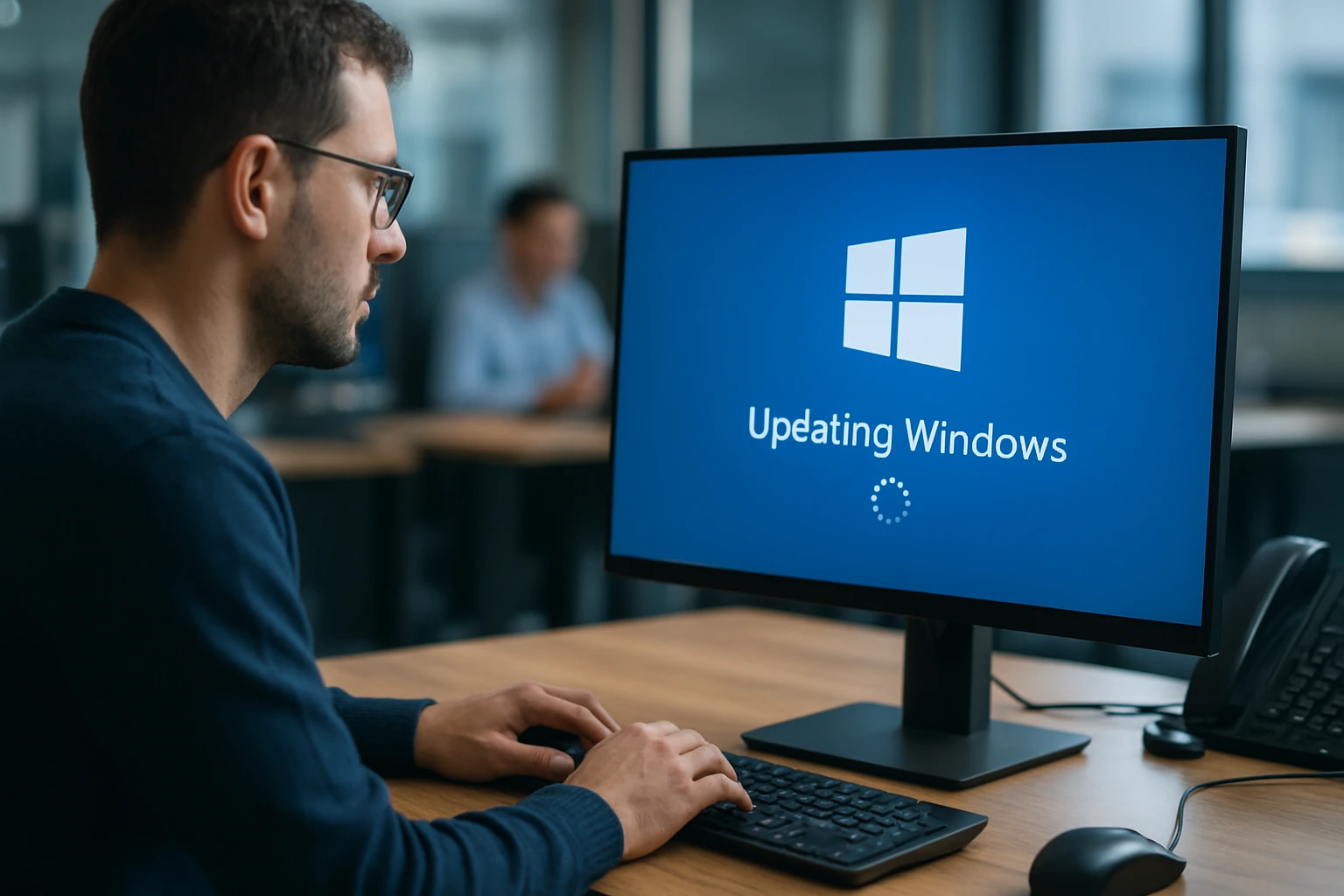 A man updates his Windows operating system on a desktop computer.