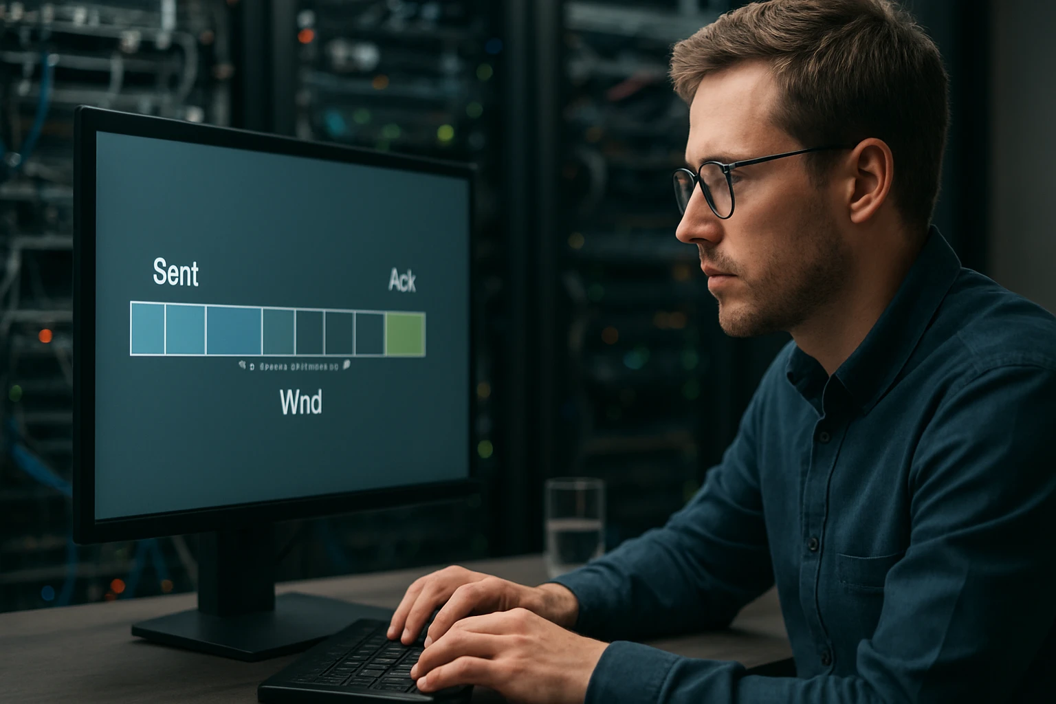 A focused individual analyzes network data on a computer screen.