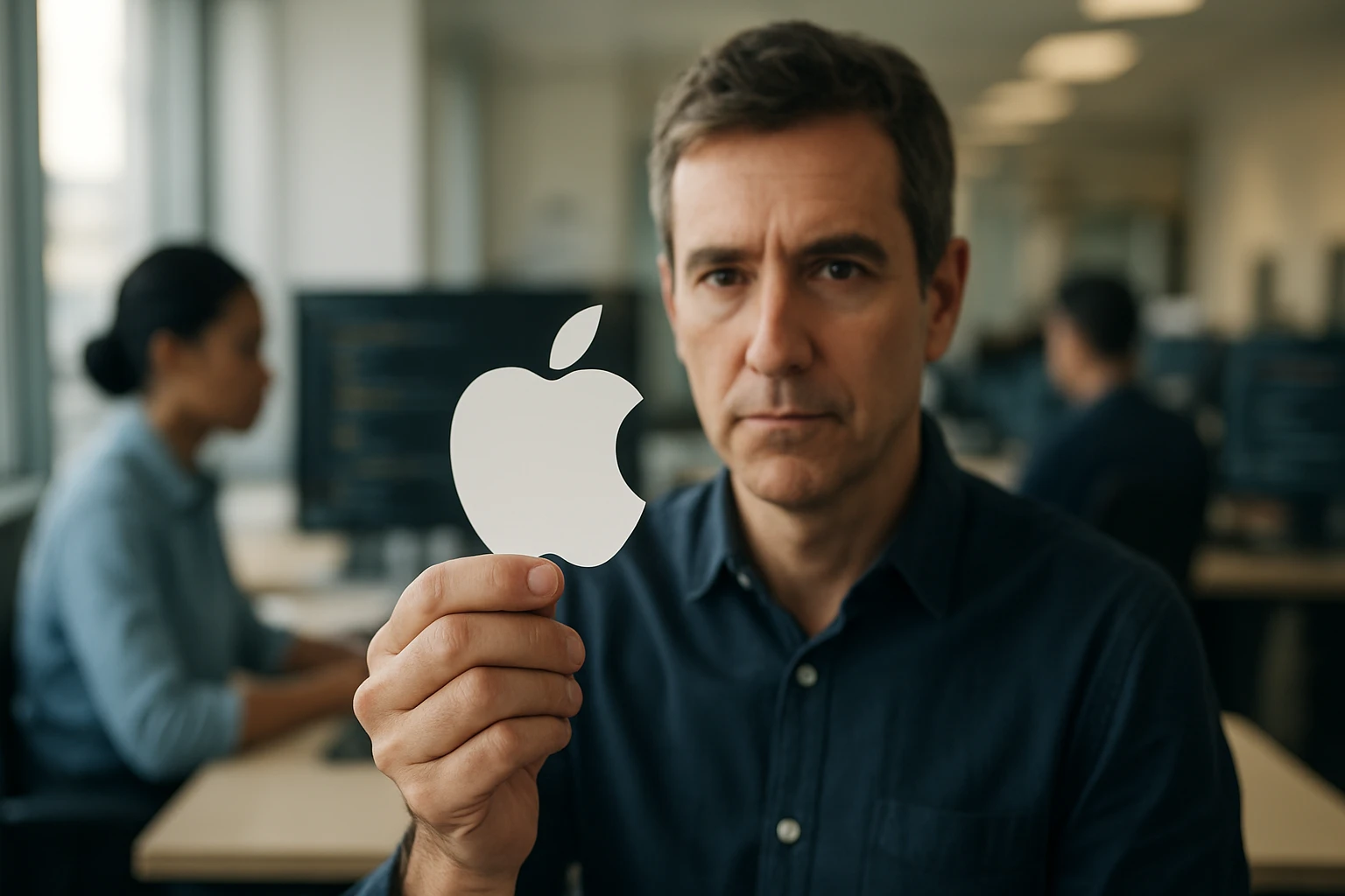 A man holding a white Apple logo in an office setting with computers in the background.