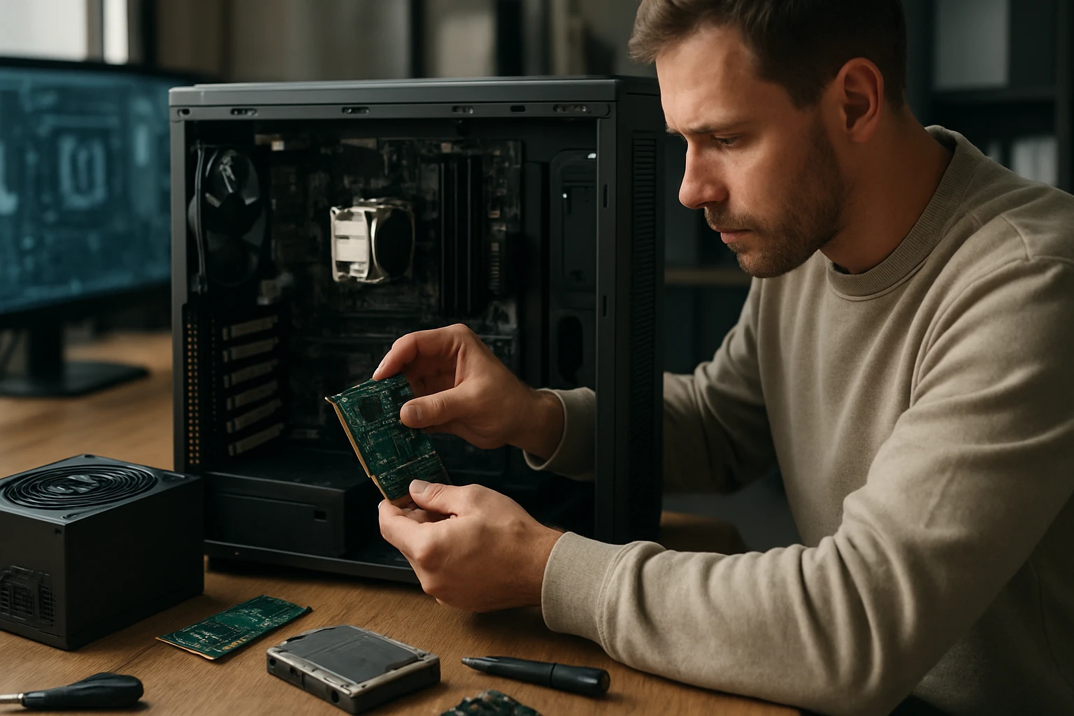 A man examines a circuit board while assembling a computer.