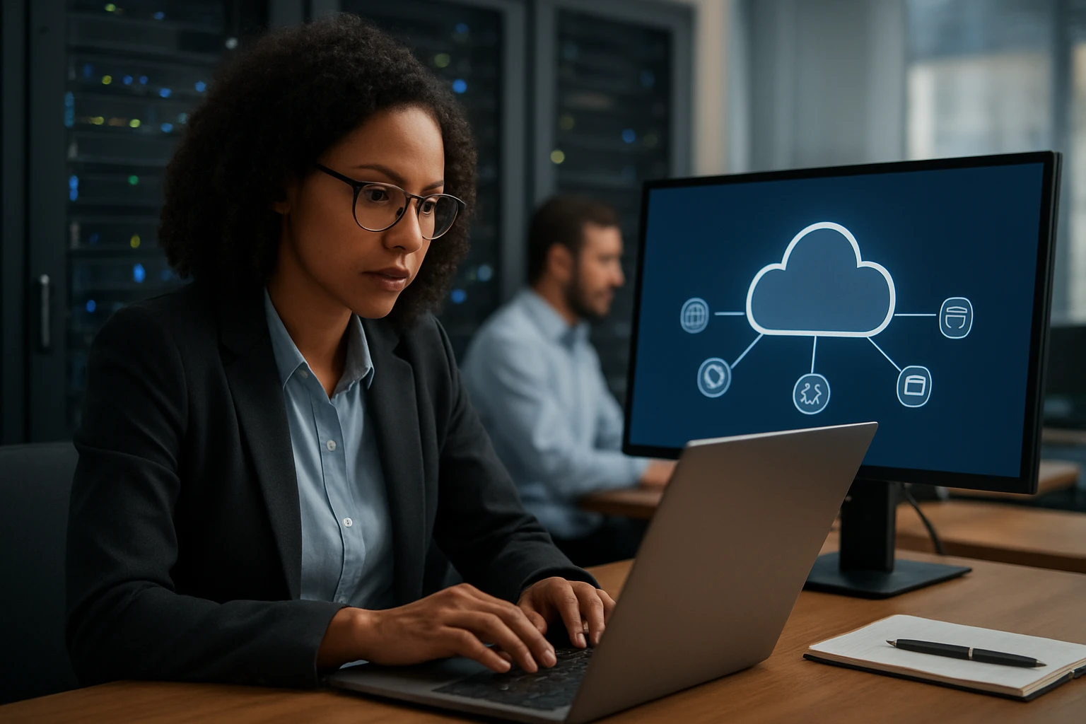 A focused woman works on a laptop in a tech environment with cloud icons on a monitor.