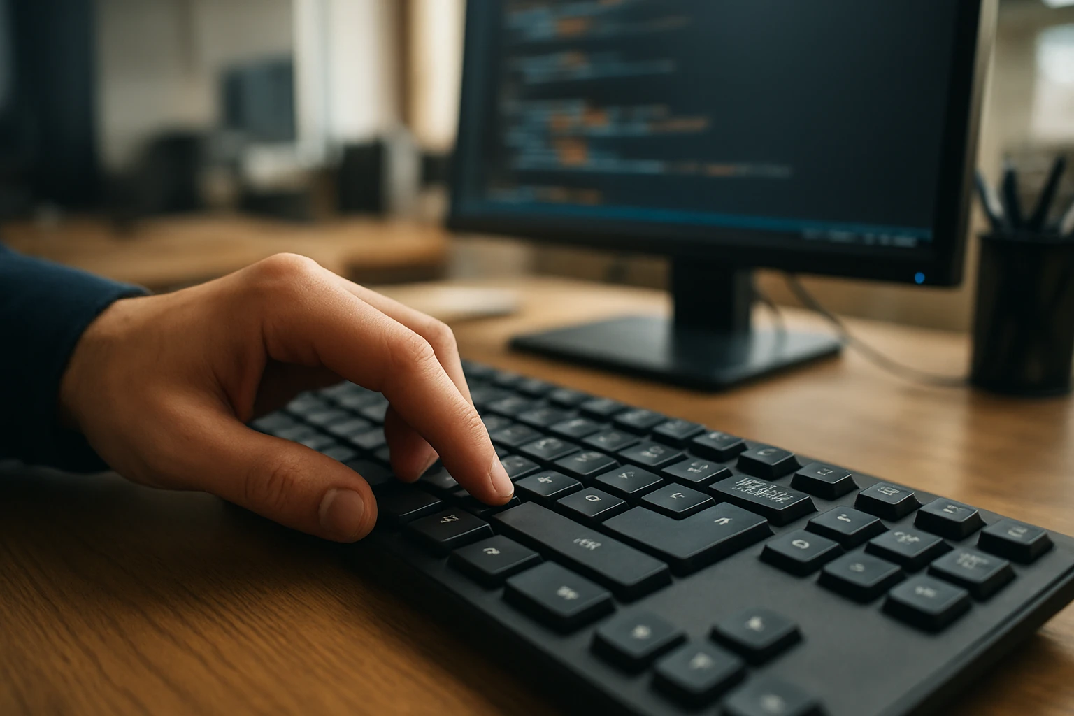 A hand typing on a black keyboard in front of a computer screen displaying code.