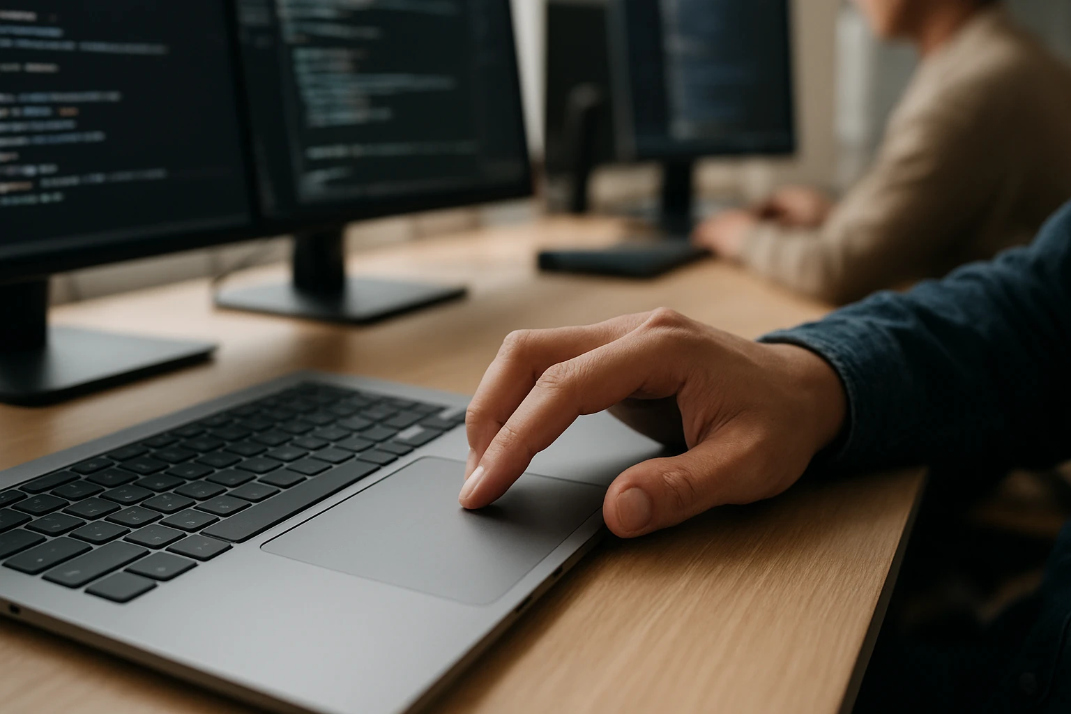 A person using a laptop touchpad while coding, with screens displaying code.