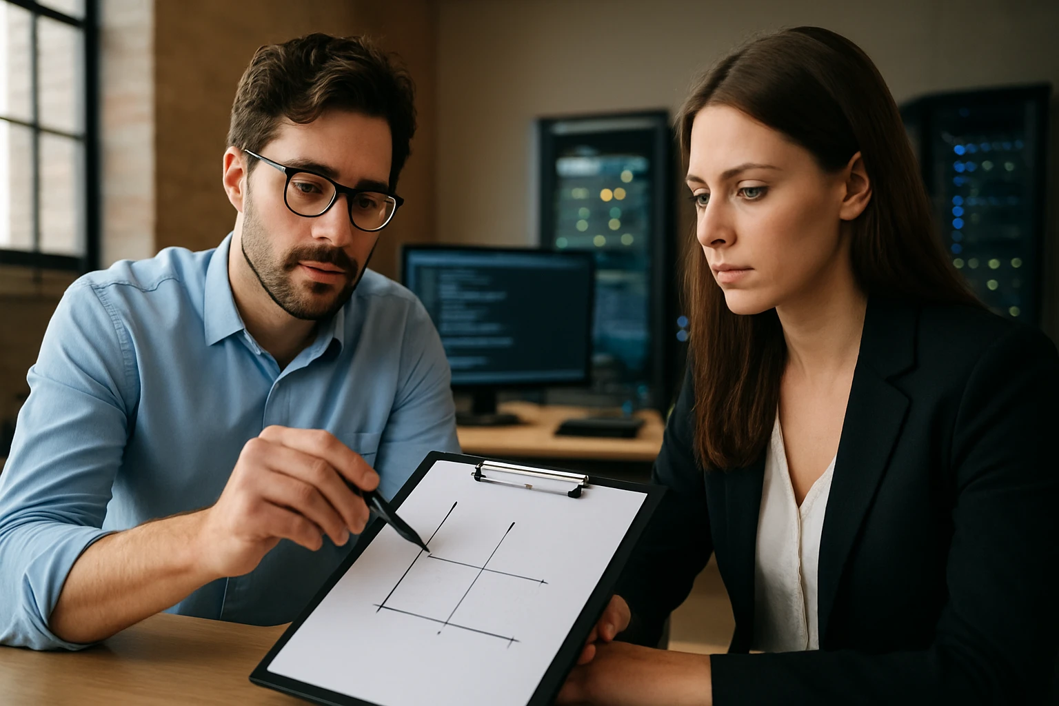 A man and woman discuss a graph on a clipboard in a tech office.