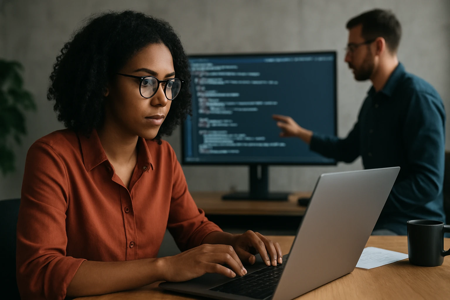 A woman with curly hair and glasses focuses on her laptop while a man gestures towards a screen displaying code.
