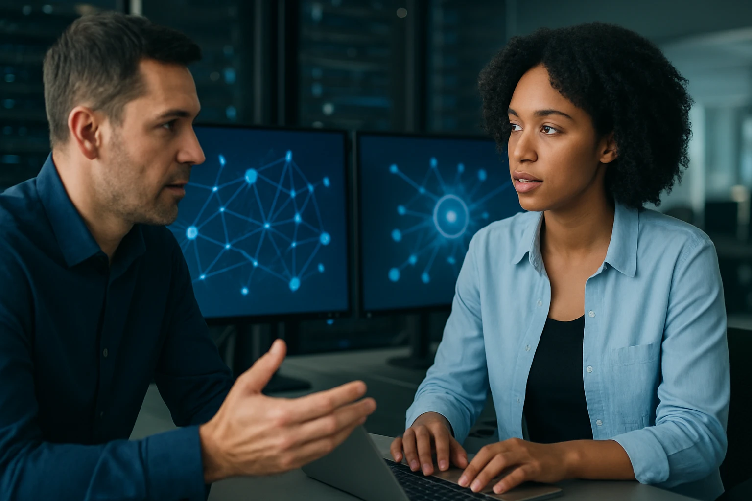A man and a woman discuss technology in a modern office setting, with digital screens displaying network graphics.