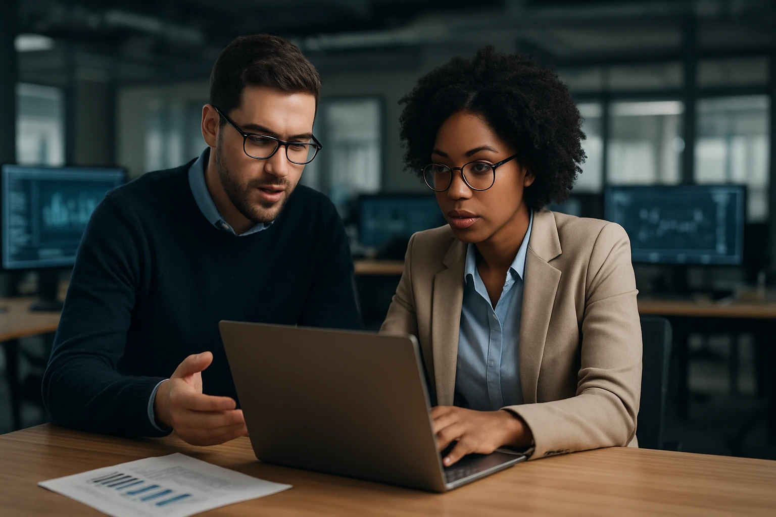 A man and a woman discussing data on a laptop in a modern office.