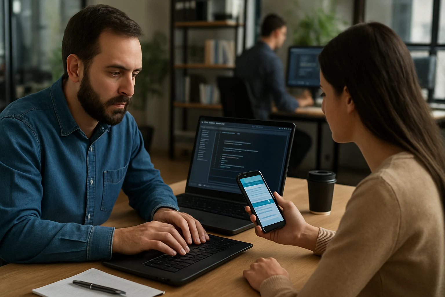 A man focused on coding at a laptop while a woman shows him her smartphone screen.