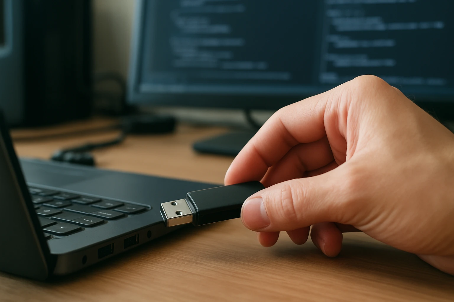 A hand inserting a USB flash drive into a laptop's USB port.