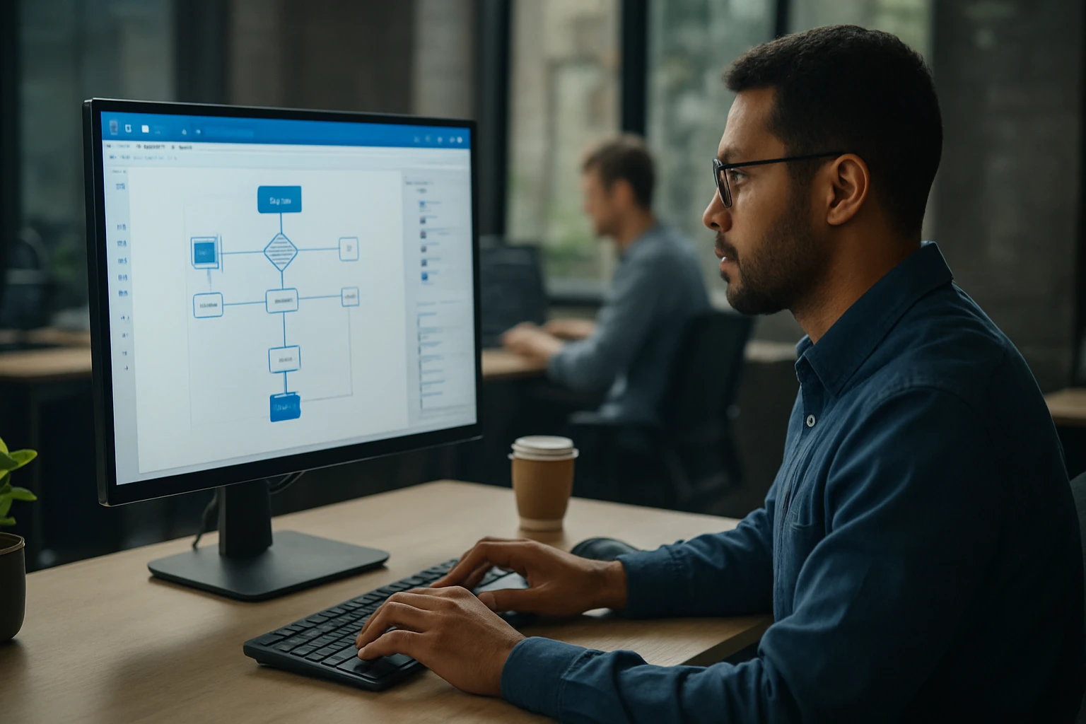 A man working on a computer, creating a flowchart in a modern office.