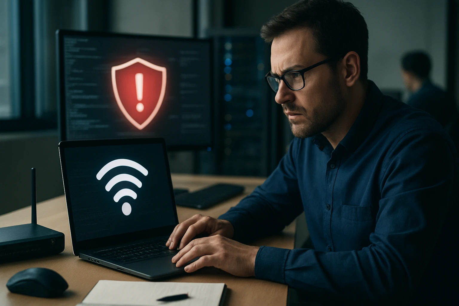 A focused man working on a laptop with a Wi-Fi symbol and security alert on the screen.