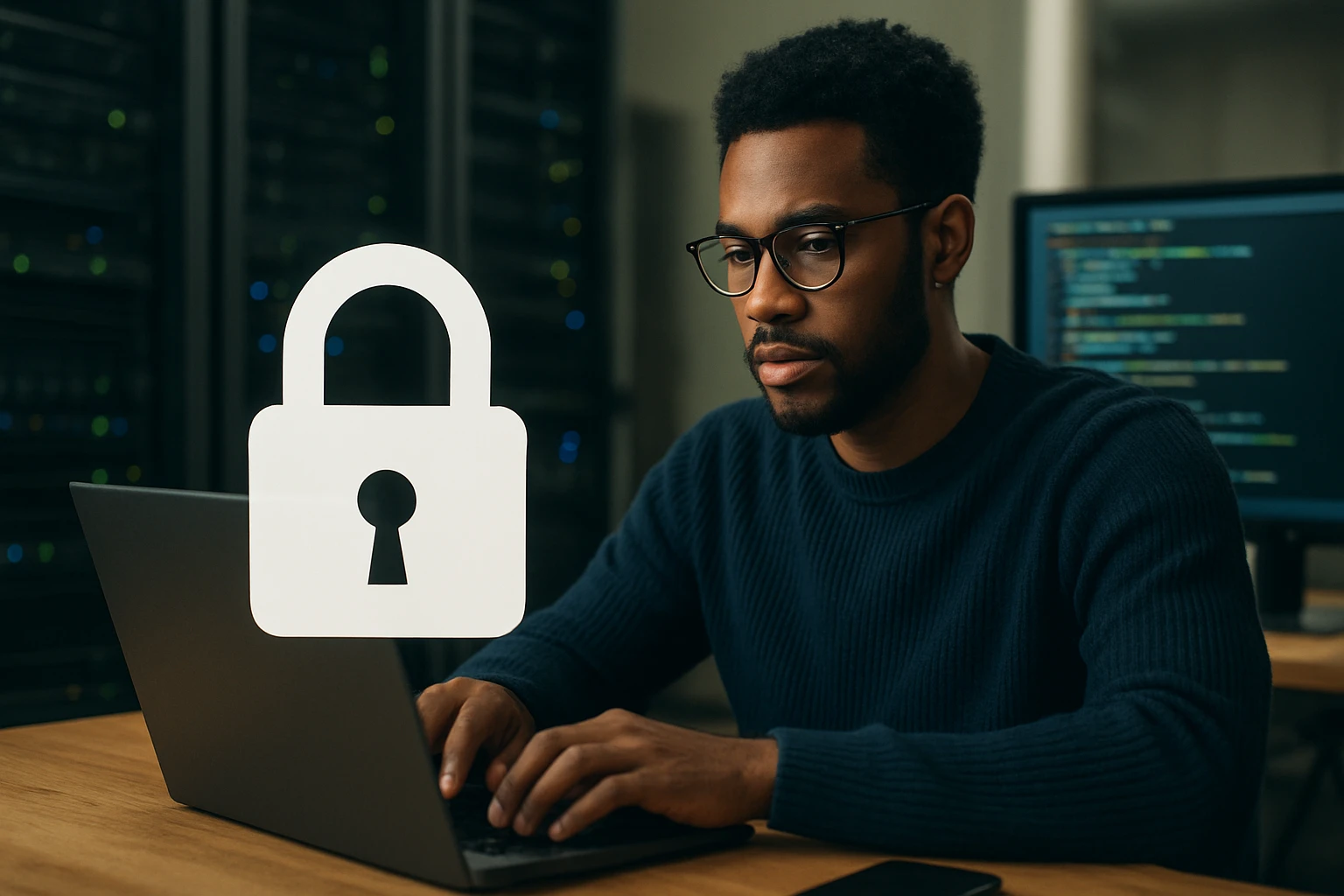 A focused individual working on a laptop with a padlock icon overlay, symbolizing cybersecurity.