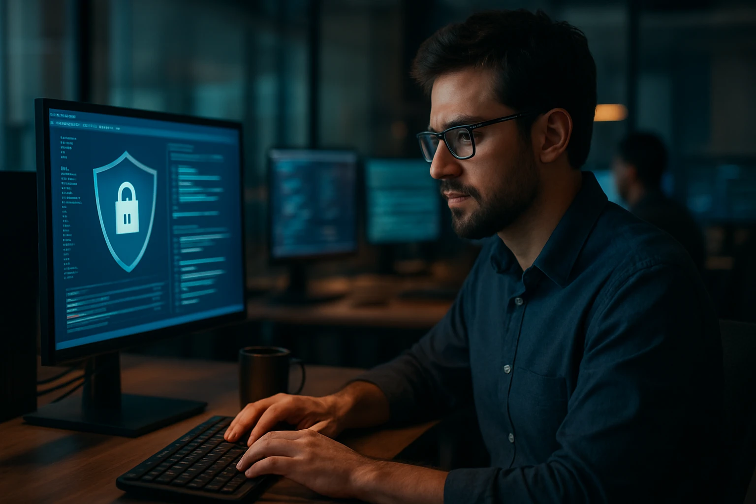 A focused man working on a computer with cybersecurity graphics on the screen.