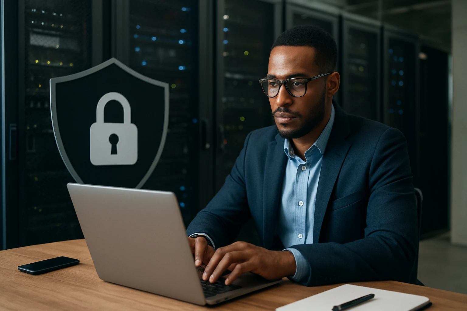 A focused professional working on a laptop in a data center, with a security shield icon in the background.