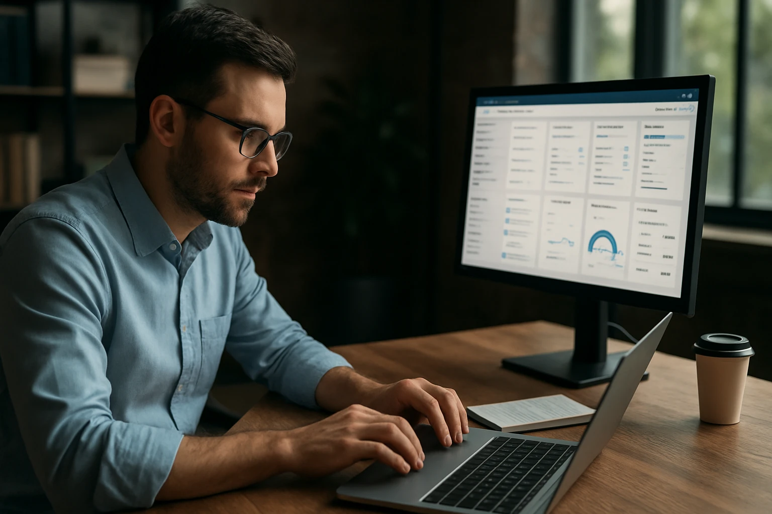 A man in glasses focuses on his laptop while analyzing data on a monitor.