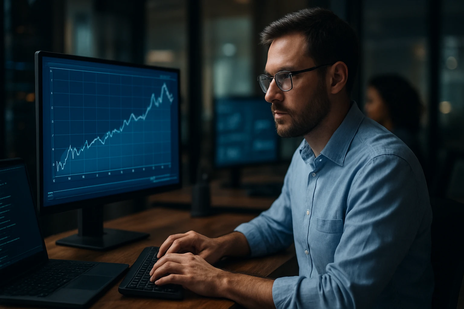 A man analyzing data on multiple computer screens in a modern office.