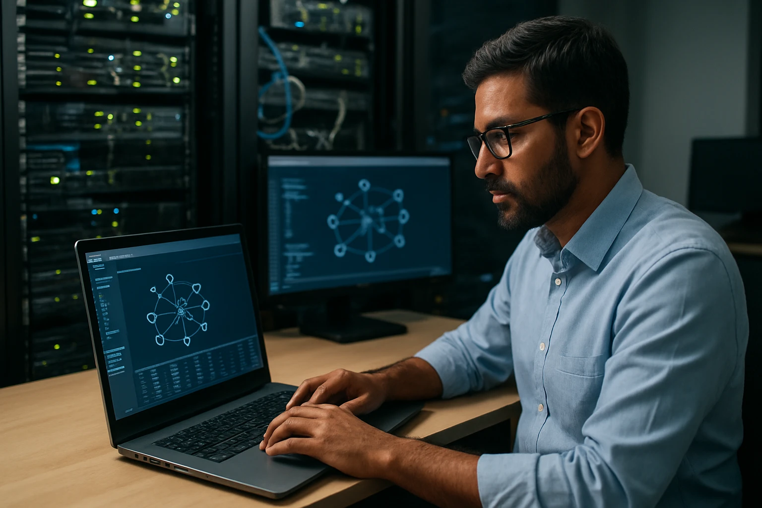 A man working on a laptop in a server room, analyzing network data.