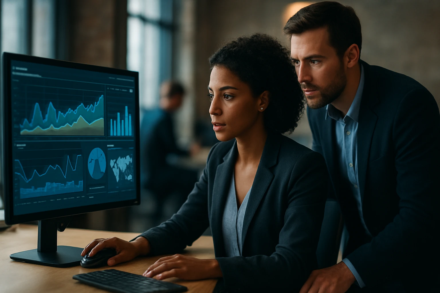 A woman analyzes data on a computer screen while a man observes closely.