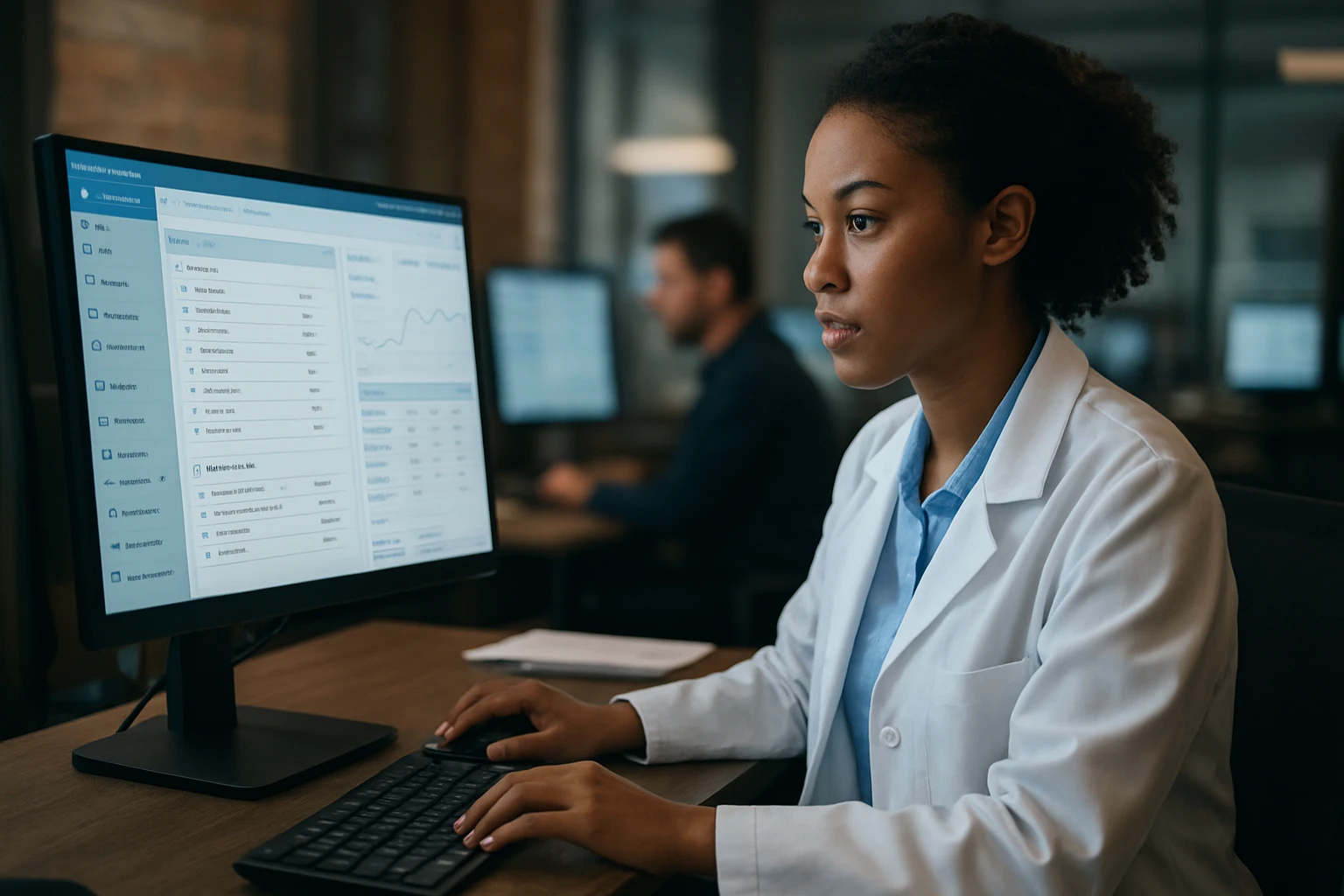 A focused woman in a lab coat analyzes data on a computer screen.