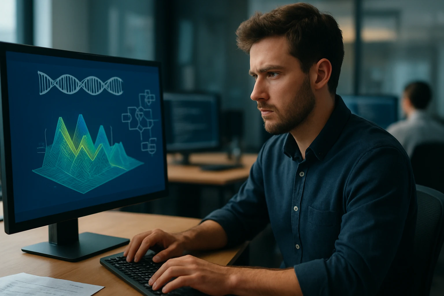 A focused man analyzes data on a computer screen with graphs and DNA visuals.