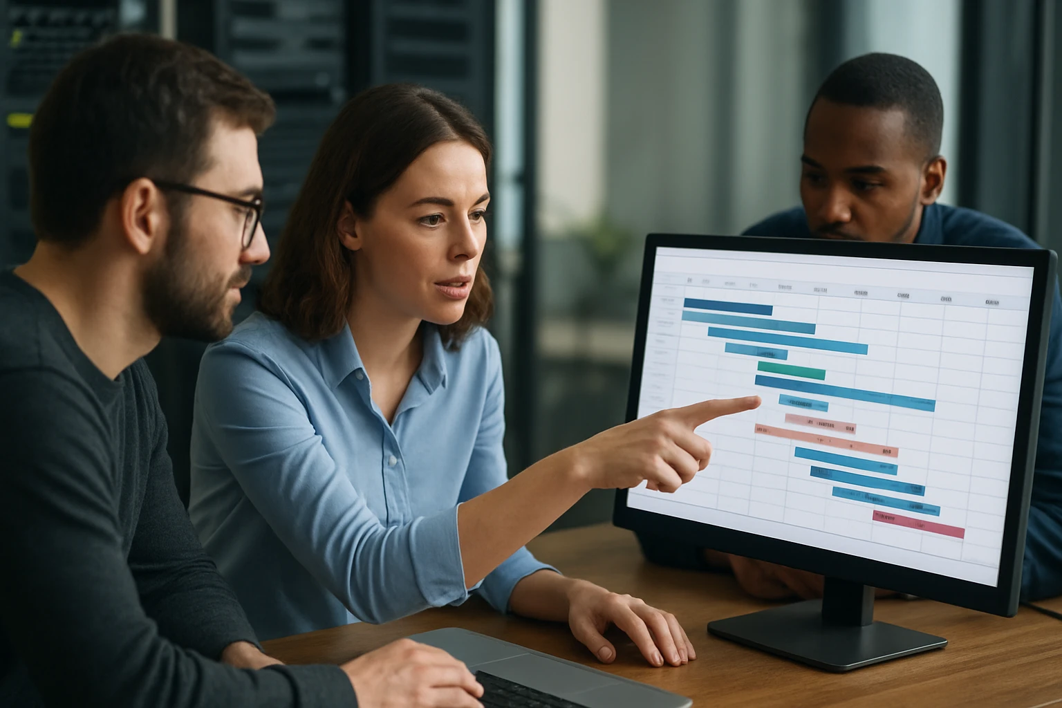 A woman points at a project timeline on a computer screen during a meeting.