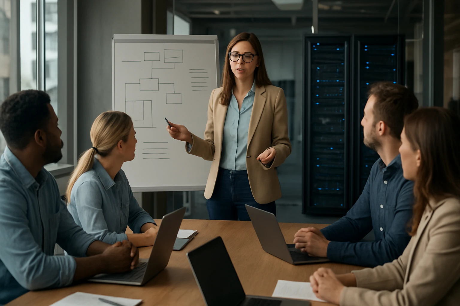 A businesswoman presents a flowchart to a group in a modern office.