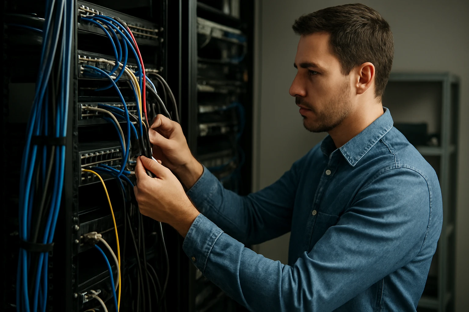 A technician organizes network cables in a server room, focusing on connections.