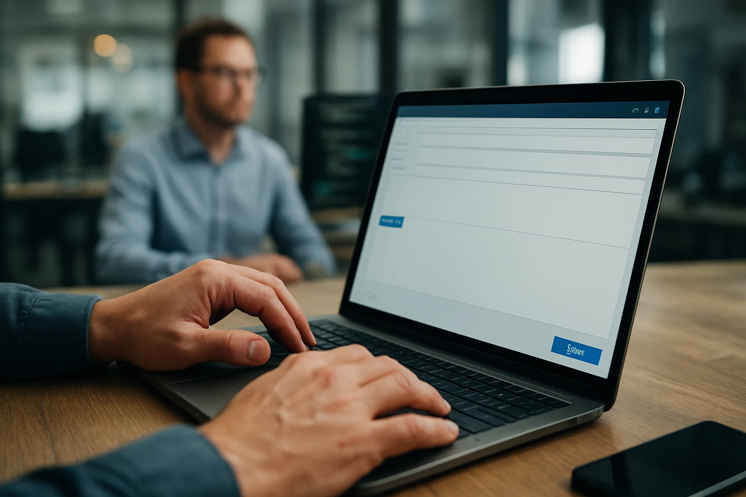 A person typing on a laptop in a modern office environment.