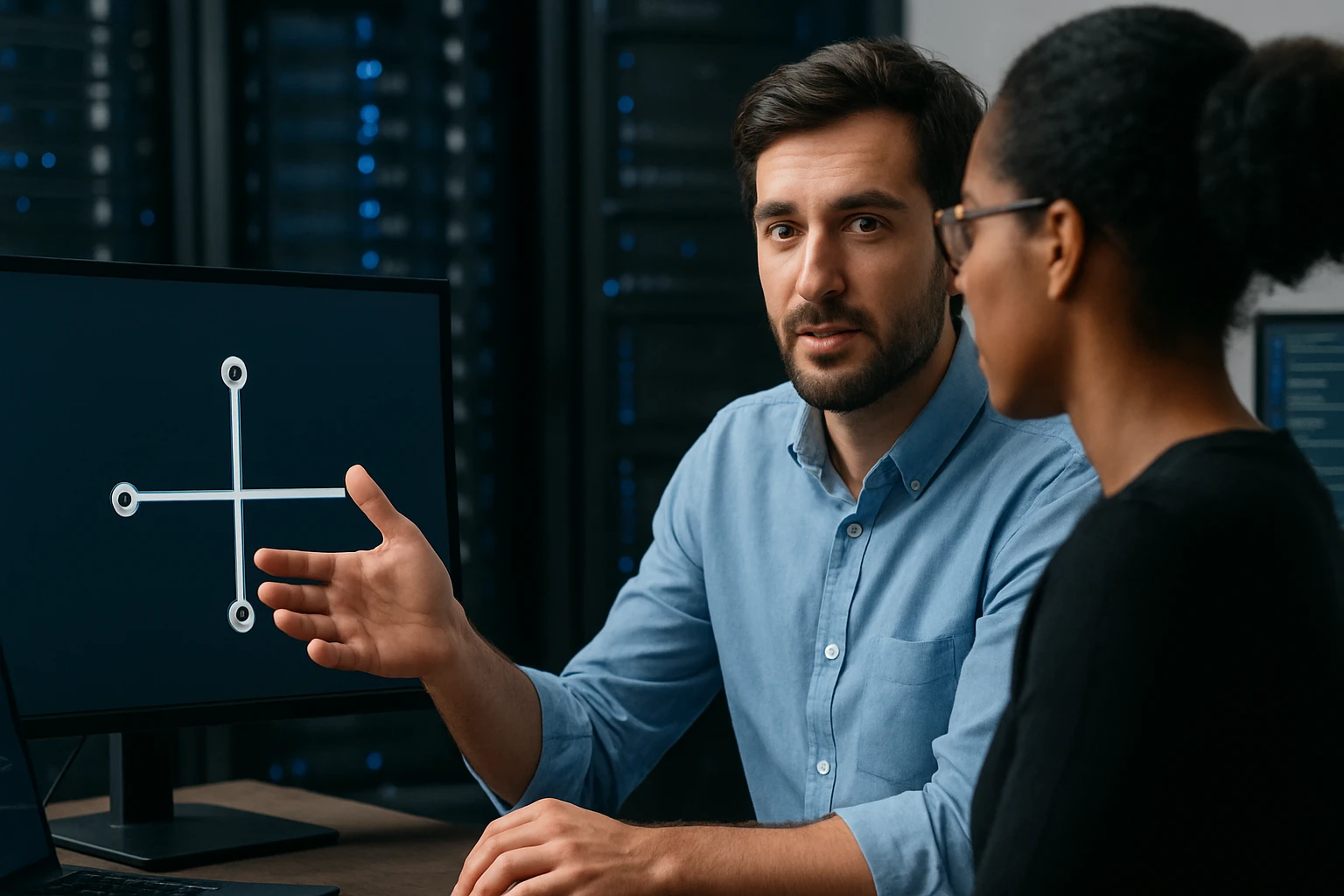 A man explains a digital interface to a woman in a tech workspace.