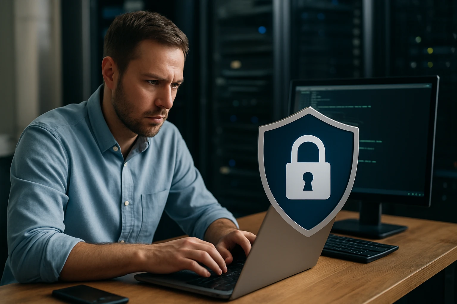 A focused man working on a laptop in a server room, with a security shield icon displayed.