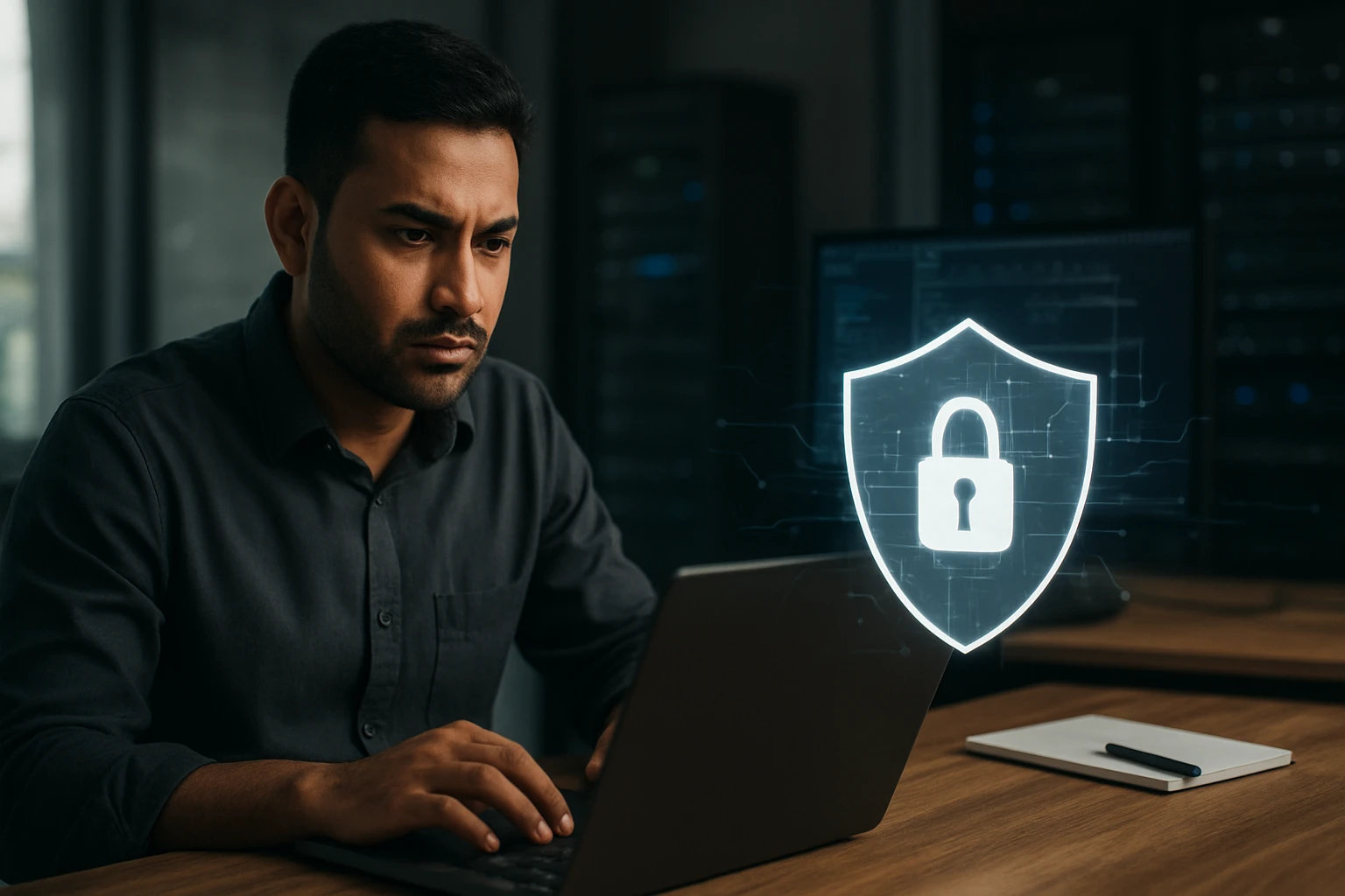 A focused man working on a laptop with a digital security shield overlay.